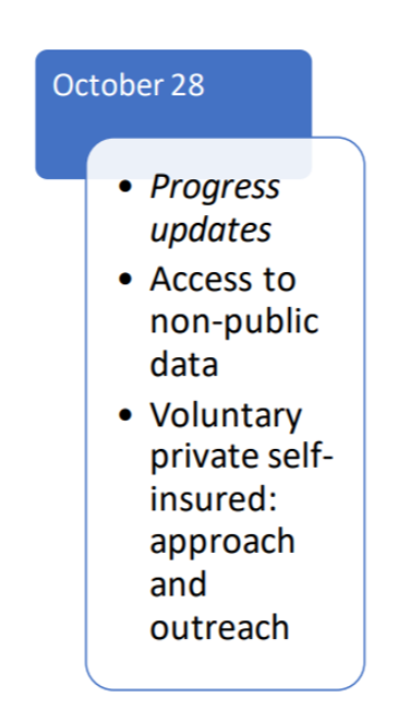 Graphic in blue says October 28. Below graphic in white with bullet points reads Progress Updates, Access to non-public data, voluntary private self-insured: approach and outreach.